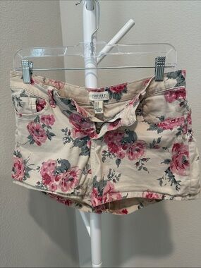 Forever 21 Cream Floral Denim Shorts with Pink Roses